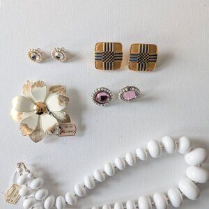 Vintage 6pc Jewelry Lot - Retro White Plastic Beads & Enamel